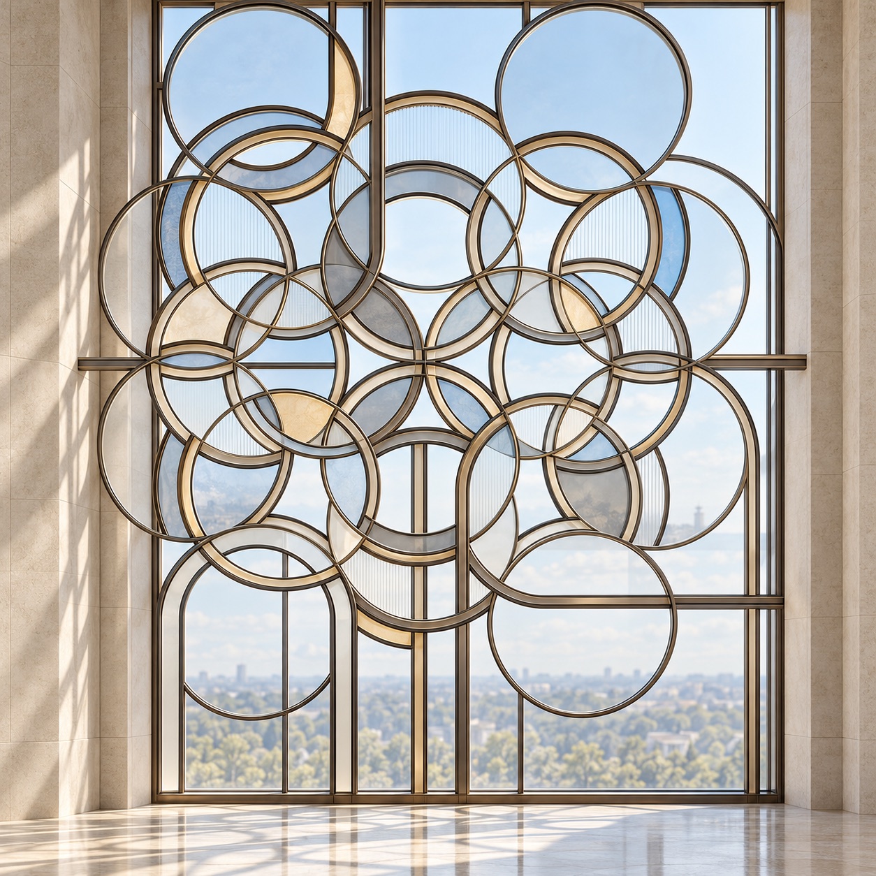 Floor-to-ceiling lobby window composed of overlapping bronze-framed circles glazed in clear, fluted and amber art glass, casting circular shadows across a marble floor