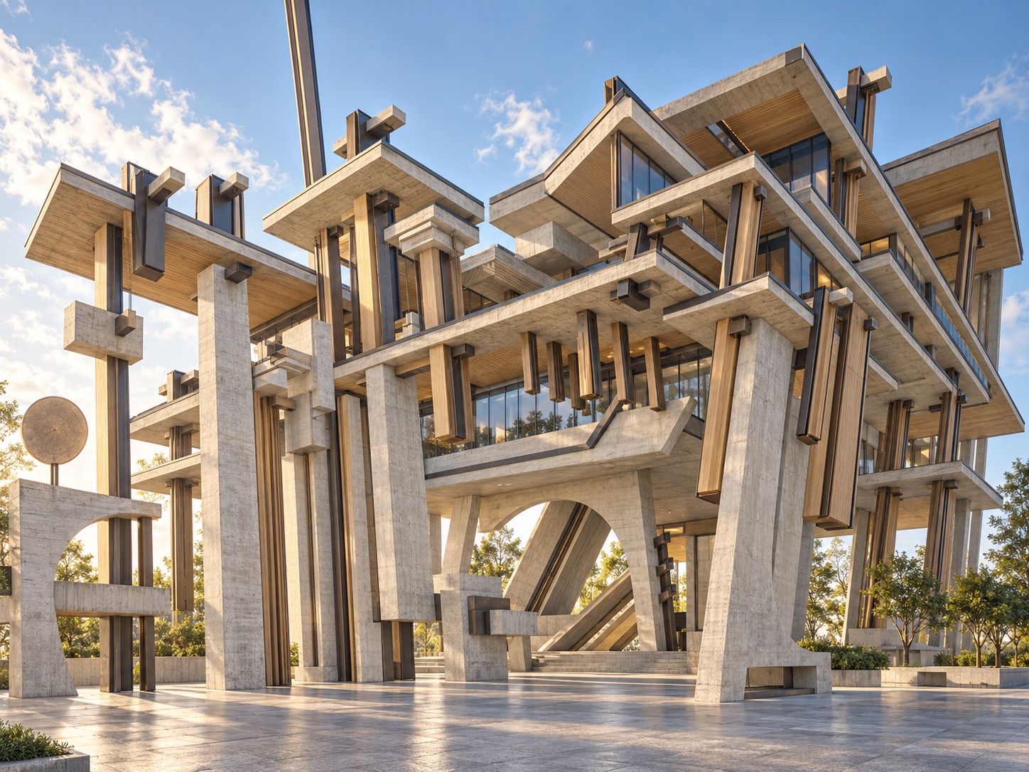 Rendering of a constructivist pavilion assembled from board-formed concrete piers, steel channels and timber infill, with deep cantilevered roof planes over an open plaza