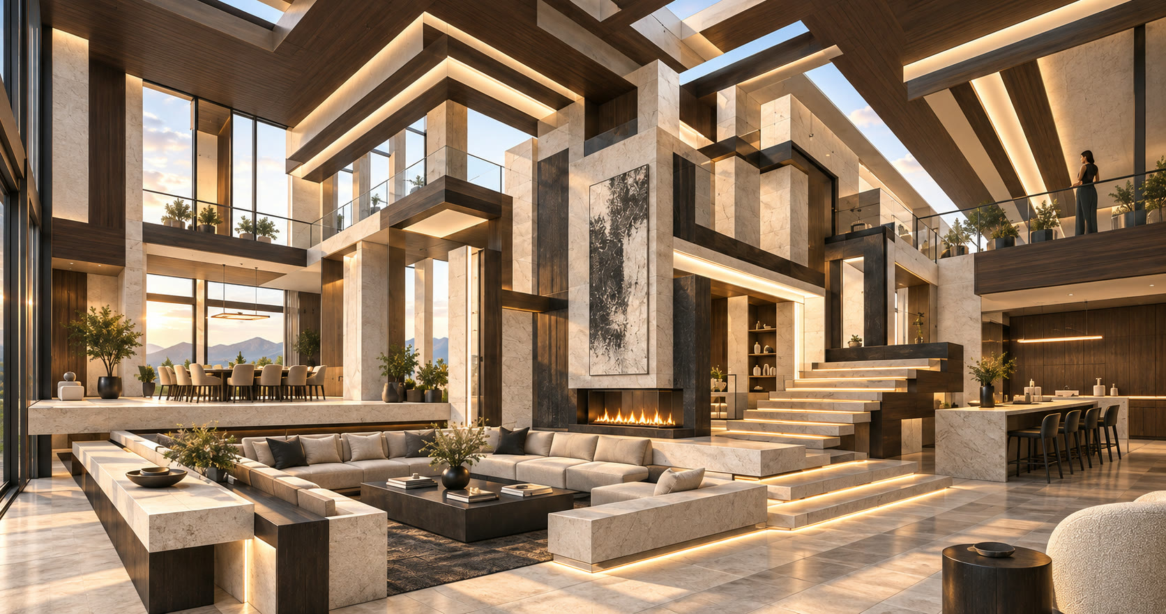 Rendering of the residence's double-height great room: interlocking wood-coffered ceilings, marble piers, a sunken lounge around a linear fireplace, floating stone stair and mezzanine walkways lit by warm concealed lighting